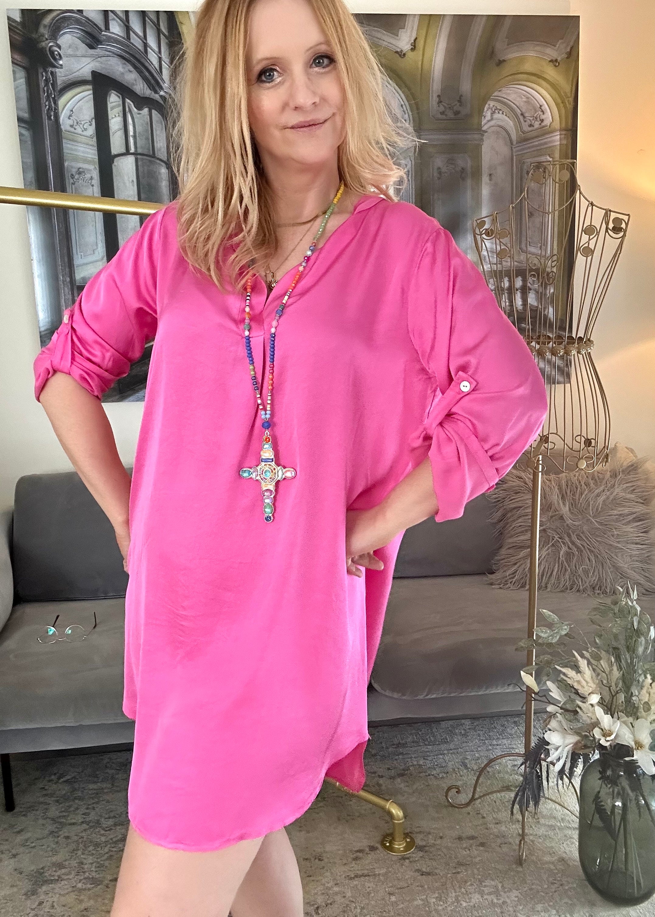 Blusenkleid in Pink, Satin-Optik (Viskose-Seide)