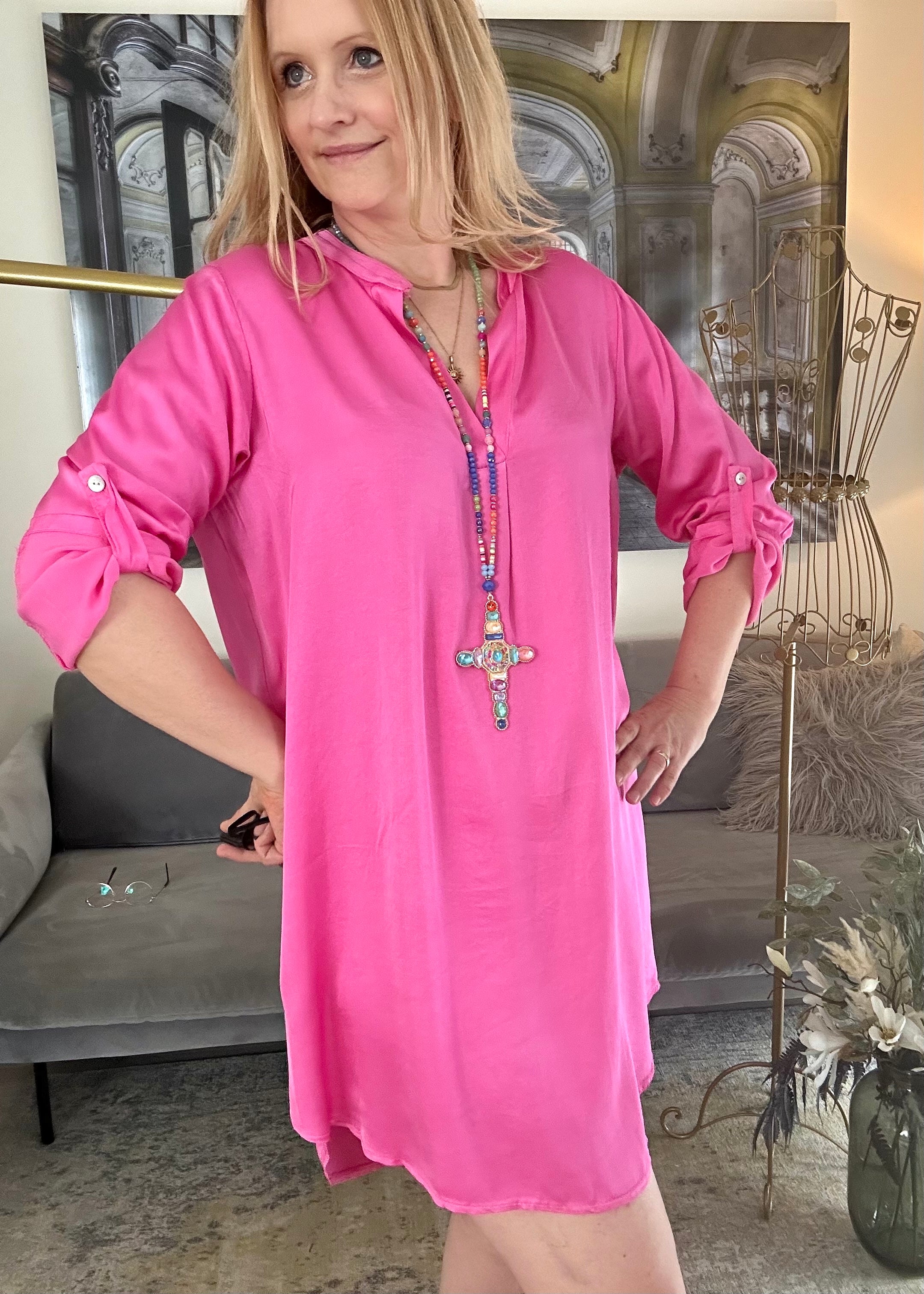 Blusenkleid in Pink, Satin-Optik (Viskose-Seide)