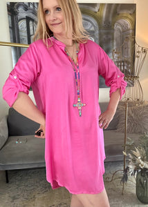 Blusenkleid in Pink, Satin-Optik (Viskose-Seide)