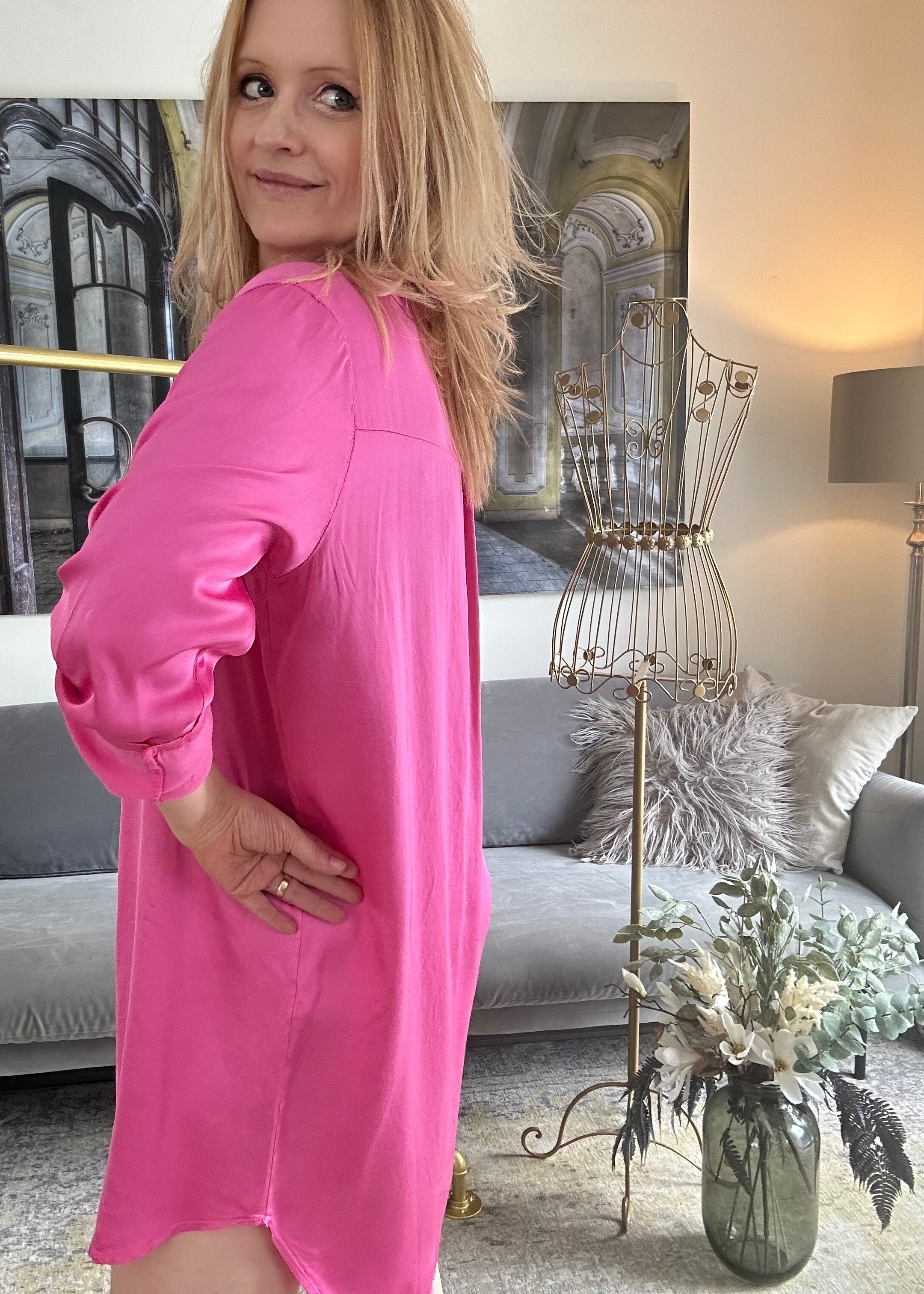 Blusenkleid in Pink, Satin-Optik (Viskose-Seide)