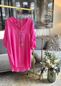 Blusenkleid in Pink, Satin-Optik (Viskose-Seide)