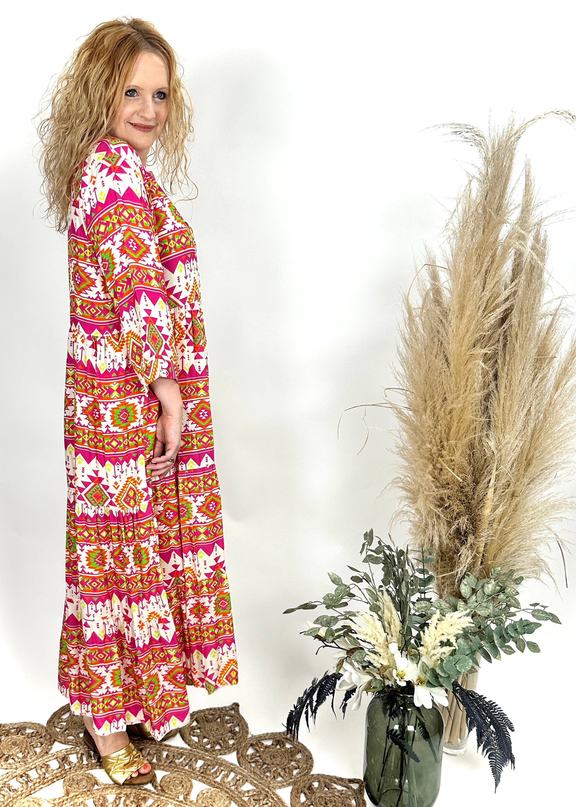 Kleid, lang gemustert - passend bis Gr. 44