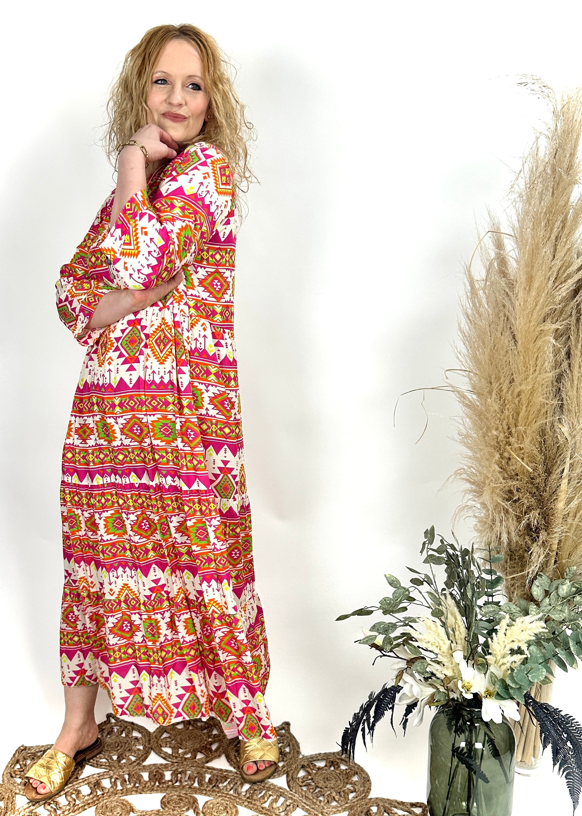 Kleid, lang gemustert - passend bis Gr. 44