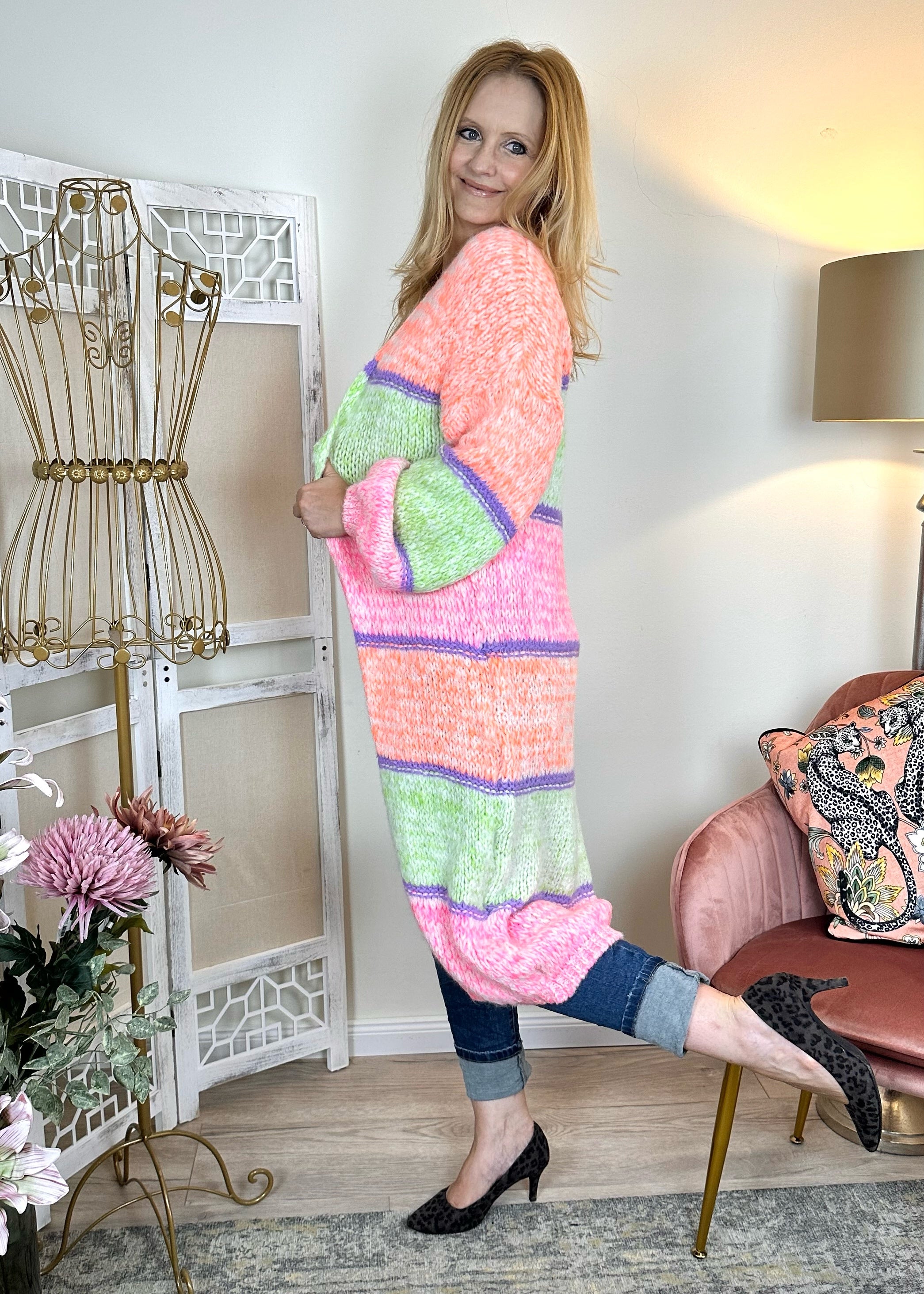 Strickjacke, lang, in Neonfarben