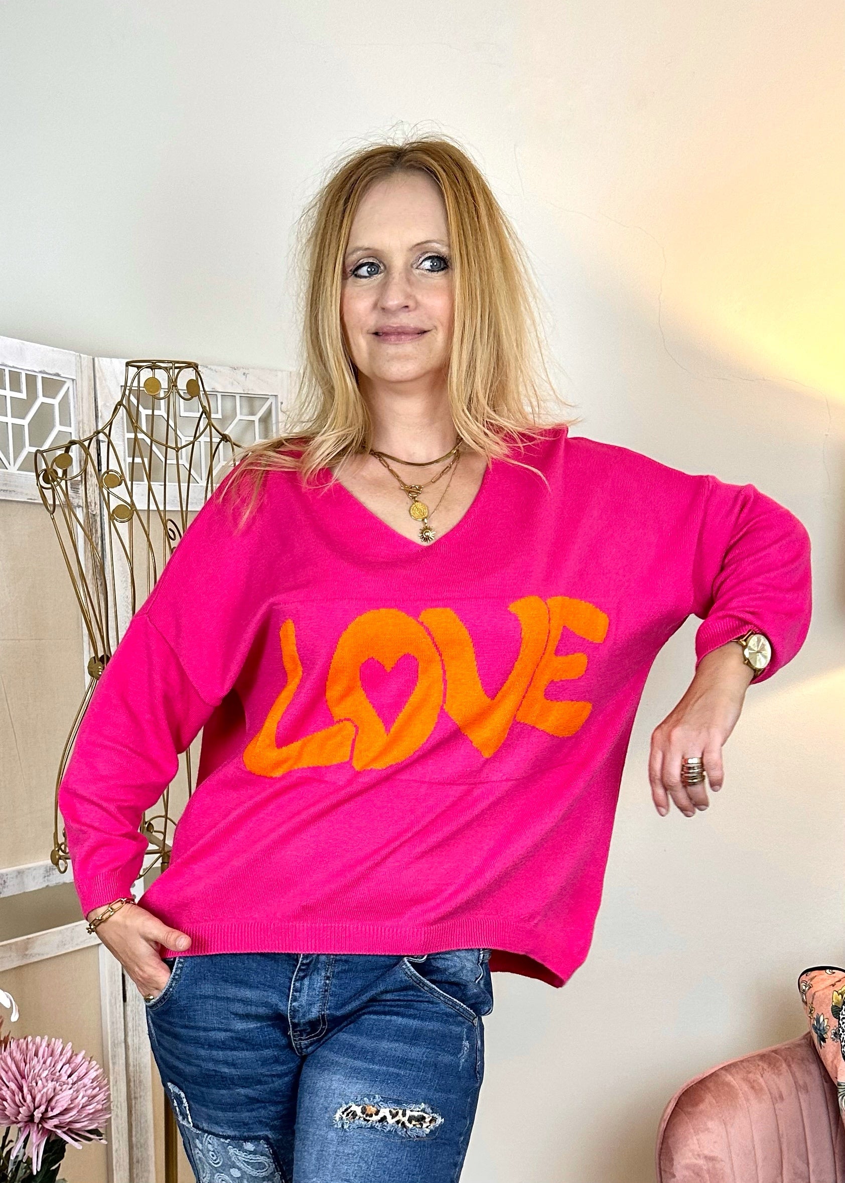 Feinstrickpullover "LOVE" in Pink-Orange