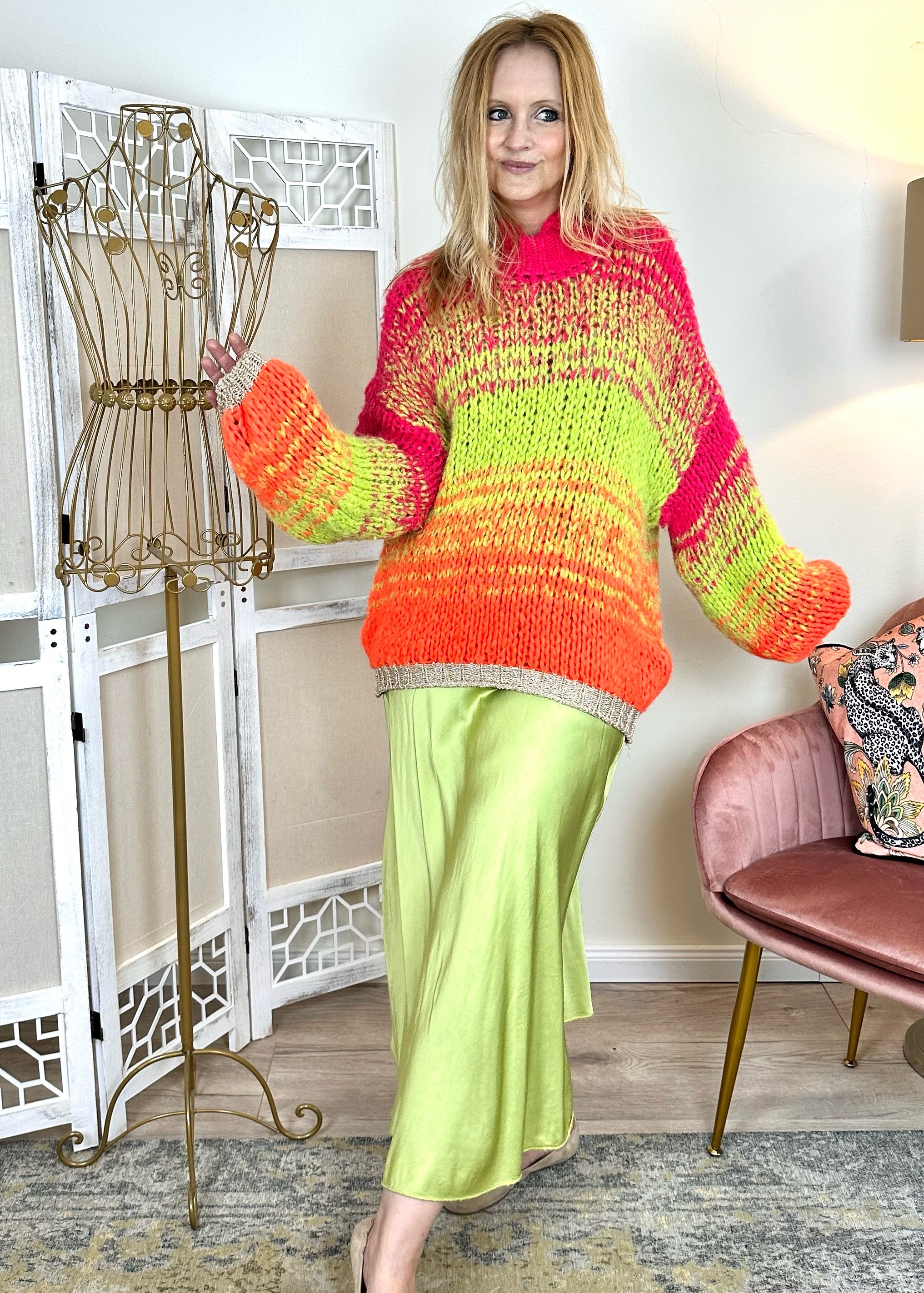 Grobstrickpullover in Pink/Orange/Grün