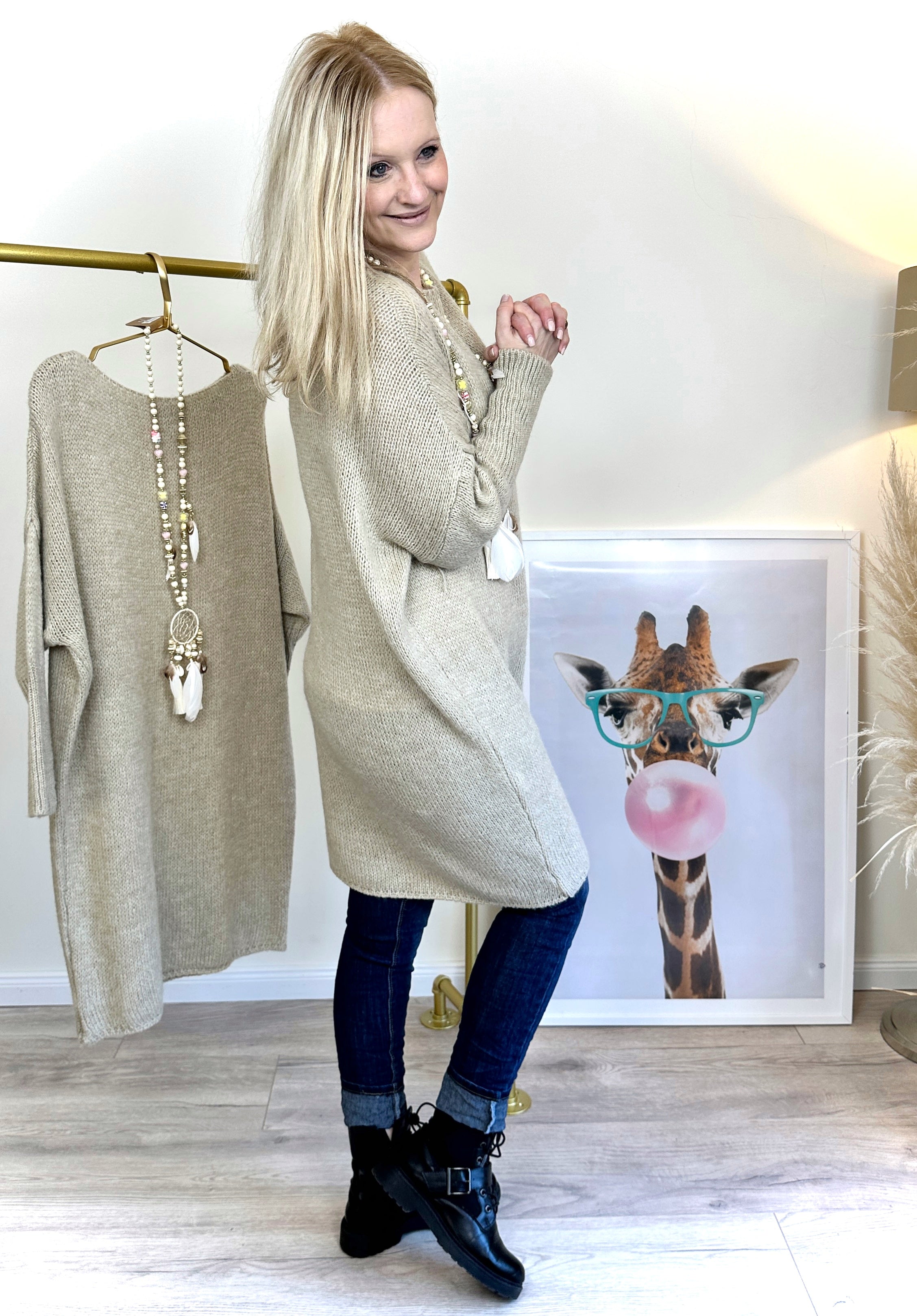Longpullover/ Strickkleid in Beige-Gelb