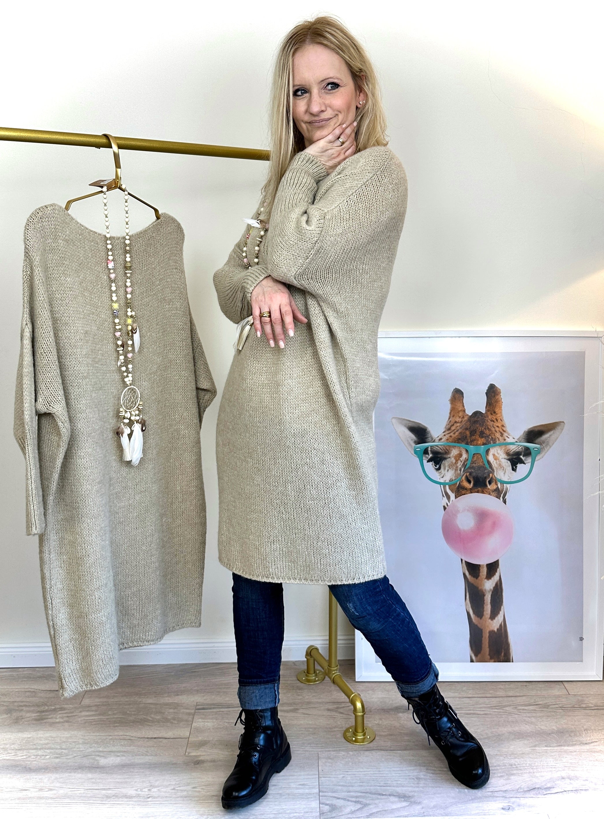 Longpullover/ Strickkleid in Beige-Gelb