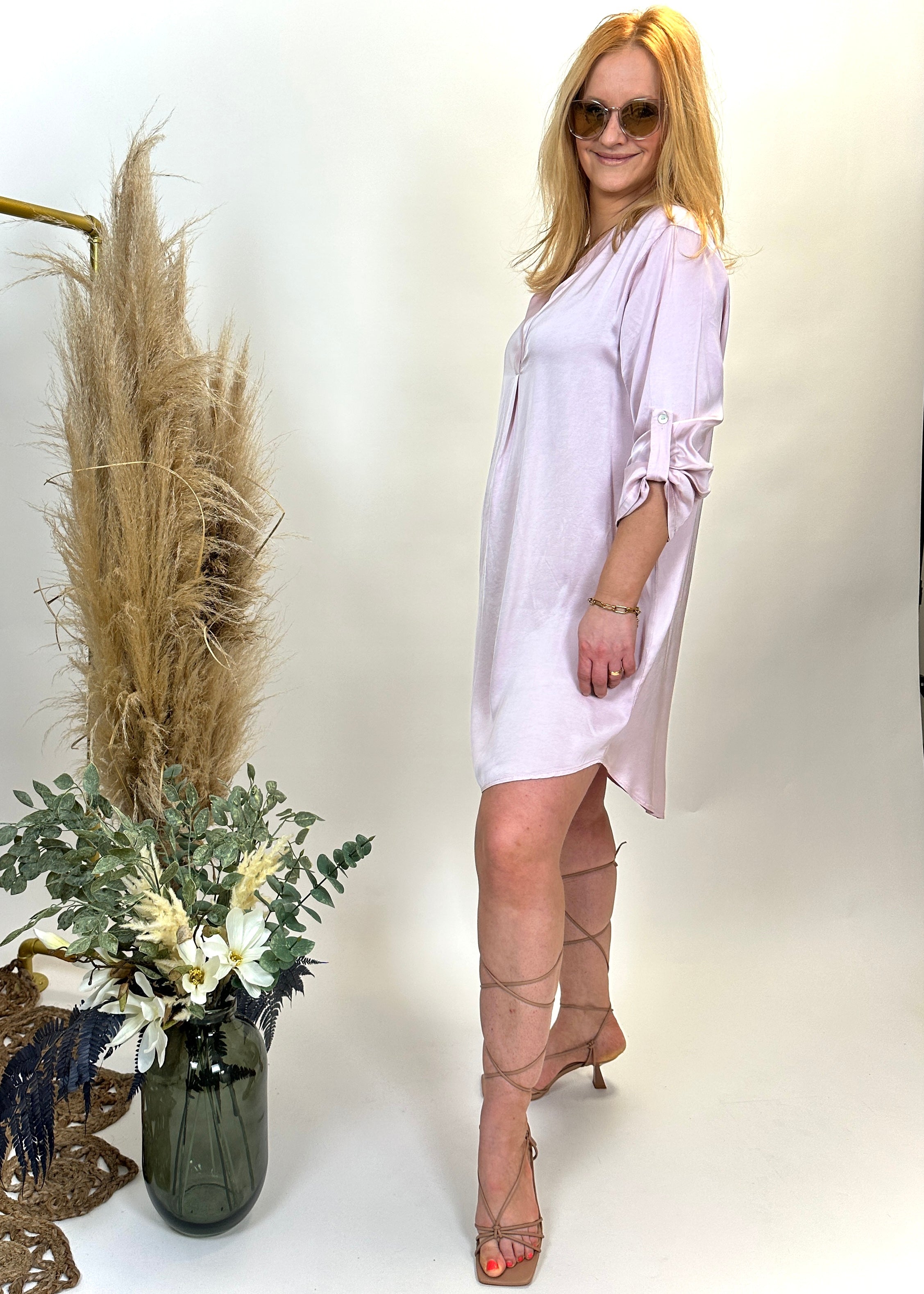 Blusenkleid in Rosa, Satin-Optik