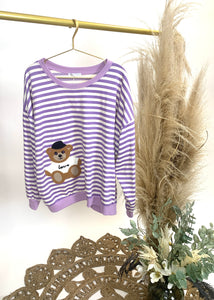Sweater Teddybär, lila/creme-weiß gestreift